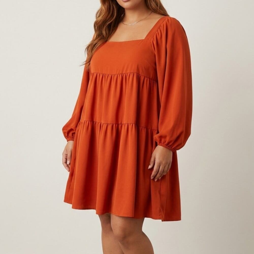 SHEIN Burnt Orange Tiered Babydoll Mini Dress Women's XL Square Neck Long Sleeve